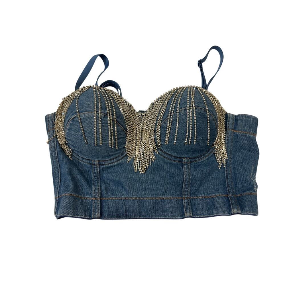 Willow Boutique Rhinestone Fringe Denim Bustier Top SZ L